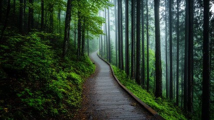 Fototapeta premium A fog-covered hiking trail winding through dense woods, the path disappearing into the mist