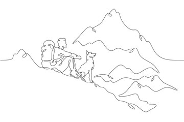 Continuous one line drawing man with dog in nature. Tourist with backpack looks at high mountains. Traveler with dog on the way. Mountain landscape. One continuous line isolated minimal illustration.