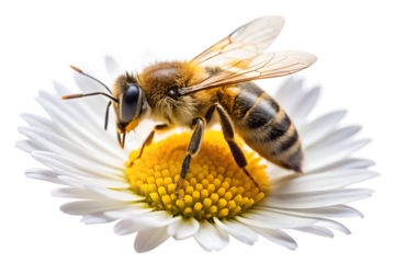 Bee collecting nectar from daisy flower in nature close-up
