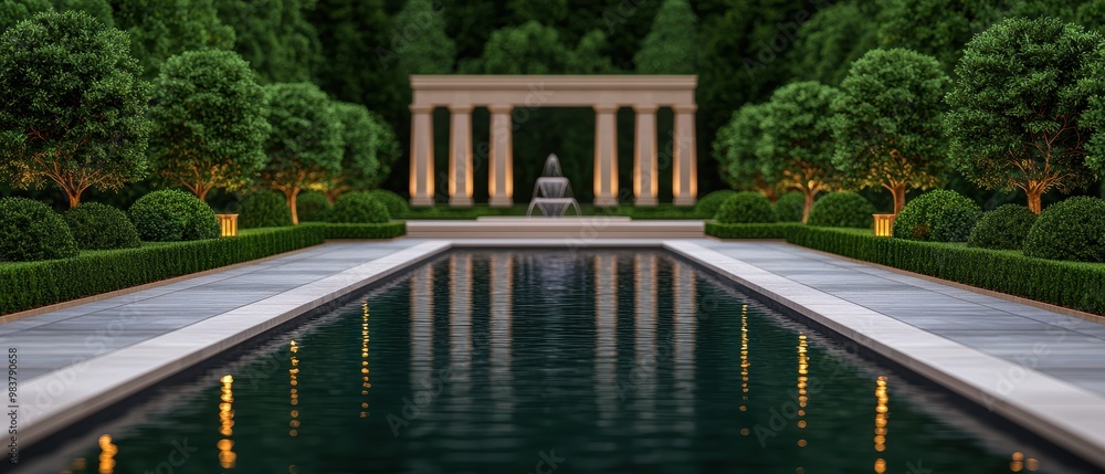 Poster serene garden with reflective pool and classical columns