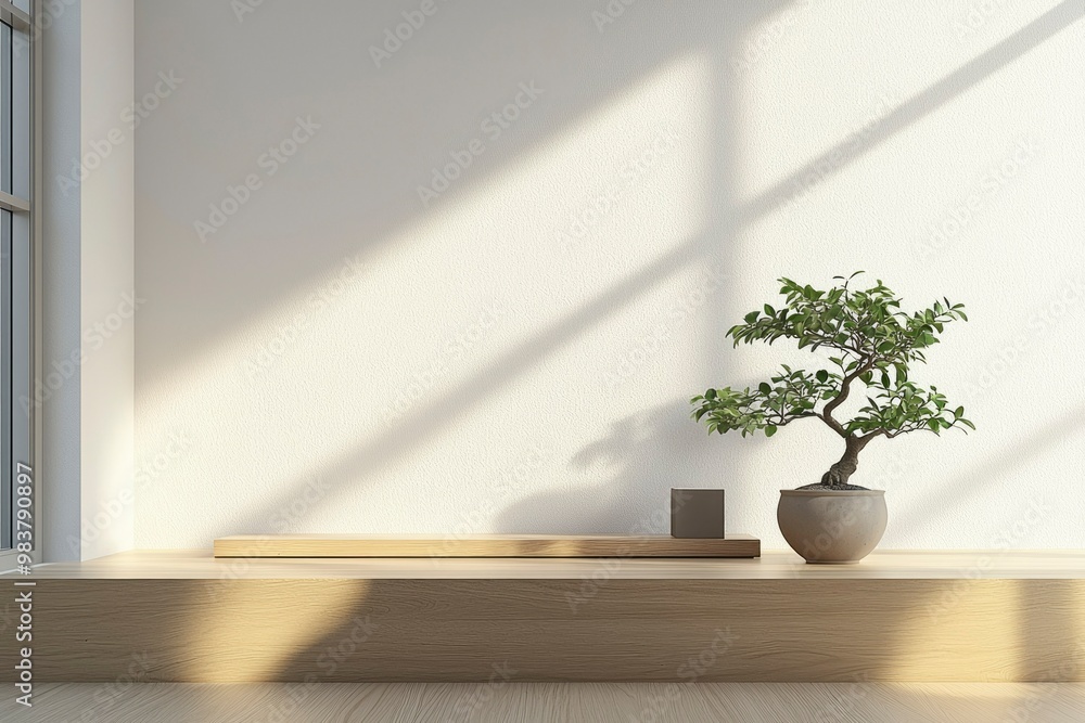 Sticker Minimalist Interior Design with a Bonsai Tree and Wooden Platform