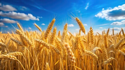 Fototapeta premium Field of wheat with golden stalks swaying in the breeze under a clear blue sky, agriculture, harvest, farm, rural, nature, crop