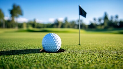 Obraz premium a golf ball near the hole on green grass with a flag, blue sky in the background. 