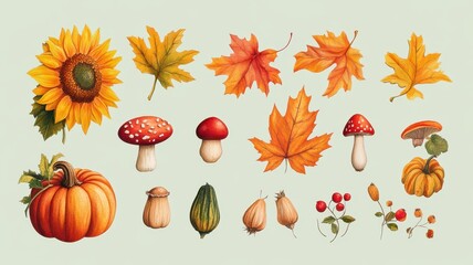 Fototapeta premium Watercolor of autumn elements set with Pumpkins,maple leaves,mushrooms,sunflower,Collection autumn seasonal holidays design,Thanksgiving,Halloween,Handmade art,party posters,decorate your artwork.