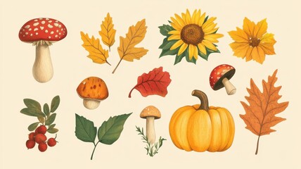 Watercolor of autumn elements set with Pumpkins,maple leaves,mushrooms,sunflower,Collection autumn seasonal holidays design,Thanksgiving,Halloween,Handmade art,party posters,decorate your artwork.