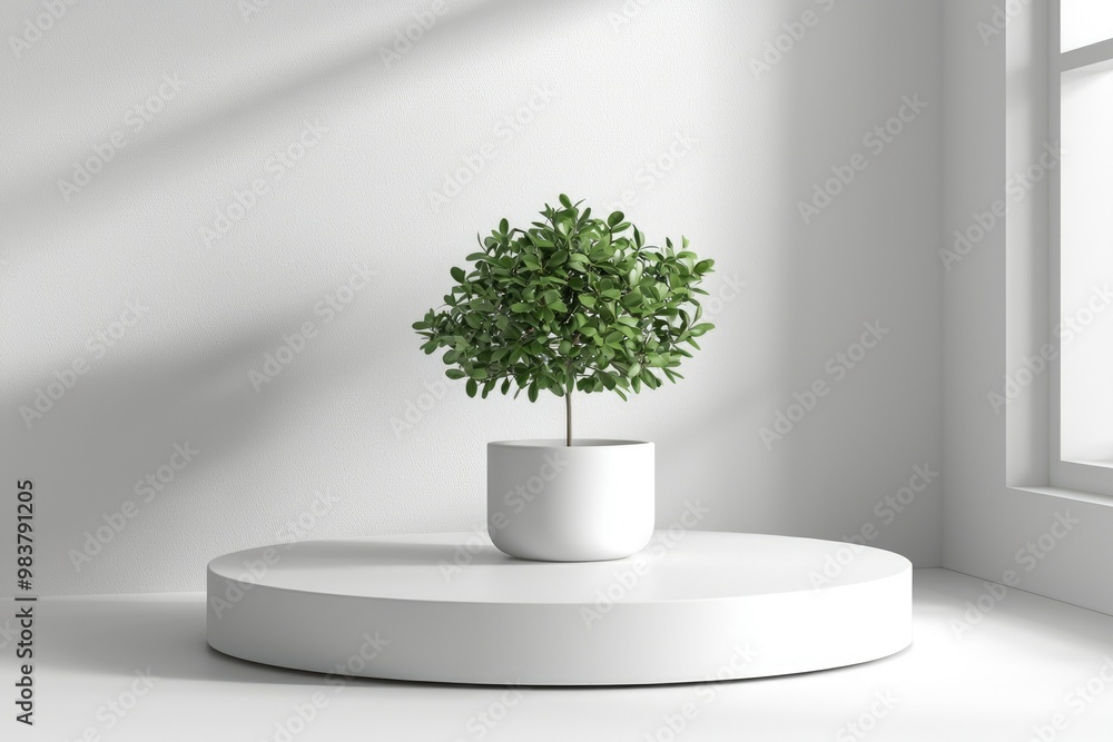 Poster a potted green plant on a circular white platform in a white room