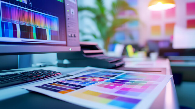 printer adjusting CMYK color settings on a computer, with a freshly printed color chart