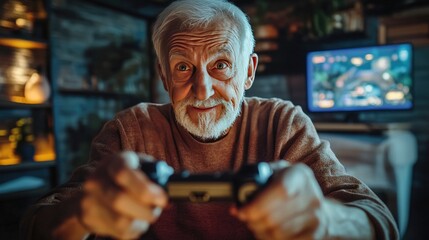 Fototapeta premium Focused elderly man playing video games at home, showcasing the joy and leisure of gaming across generations.