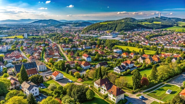 Panoramic view of Wiener Hausberge in the south with a focus on Alterlaa and the residential areas of Liesing