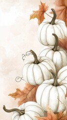 Watercolor of White Pumpkins set,Watercolor hand-drawn illustration, design great for your compositions or decorate with your artwork,Collection white pumpkin in autumn season,copy space.