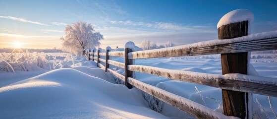 Snowy Winter Landscape with Wooden Fence