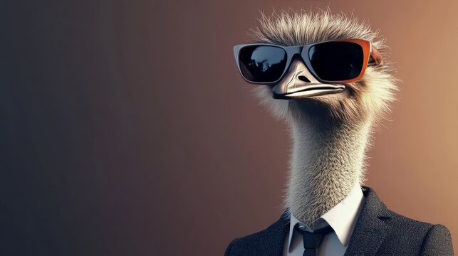 Stylish ostrich wearing sunglasses and a suit, blending humor and sophistication in a unique and quirky pose against a neutral background.