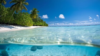 Fototapeta premium A peaceful island retreat surrounded by turquoise ocean and crowned with palm tree forest_091