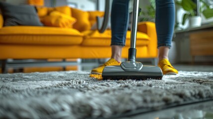 Fototapeta premium cleaning person with vacuum cleaner in hands cleaning home, cleaning service concept