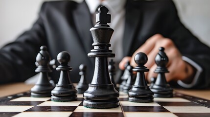 Chess board with a king in the center of the board and other game pieces around it. The image is a metaphor for business strategy and competition.