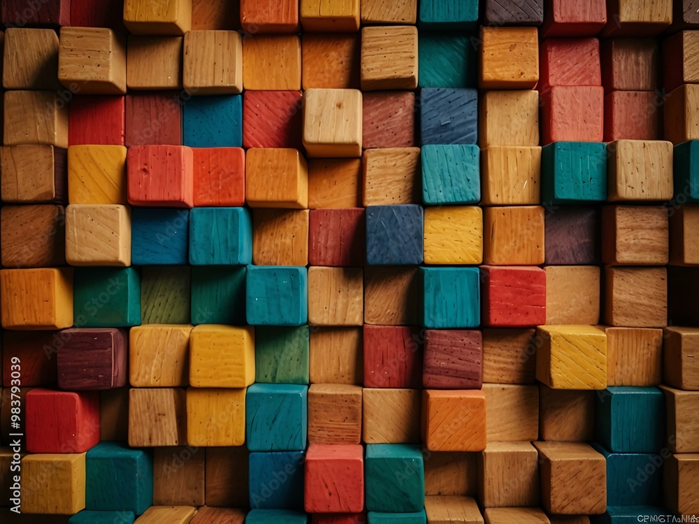 Poster abstract colorful wooden blocks in a dynamic arrangement.
