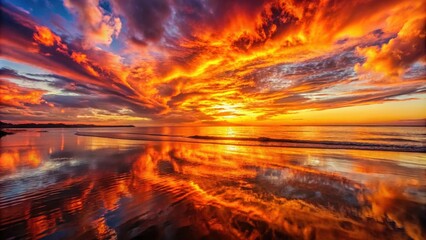 Fiery sunset reflections on shoreline , sunset, reflections, shoreline, waves, beach, sandy, ocean, sky, vivid, orange, golden