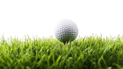 Obraz premium Isolated golf ball on tee with fresh green grass and white background, capturing the essence of the sport for players and fans.