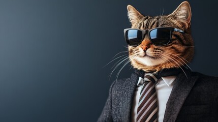 Stylish tabby cat wearing a suit and tie with sunglasses, posing confidently against a dark background.