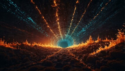 Abstract digital landscape with glowing particles forms a tunnel effect.