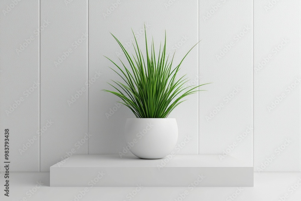 Sticker A Single Green Plant in a White Pot on a White Platform Against a White Wall