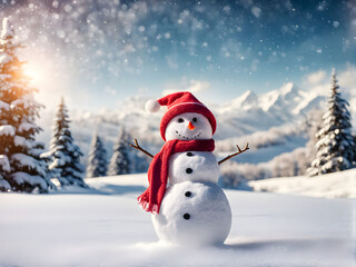 Obraz premium Merry christmas and happy new year greeting card with copy-space.Happy snowman standing in christmas landscape.Snow background.Winter fairytale