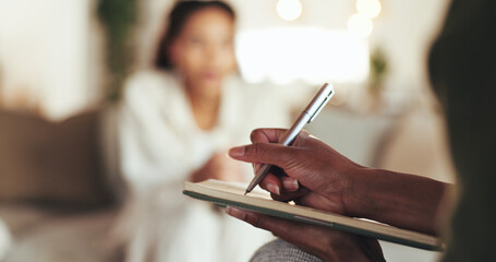 Hands, therapist and writing for counseling patient with depression, psychology assessment and...