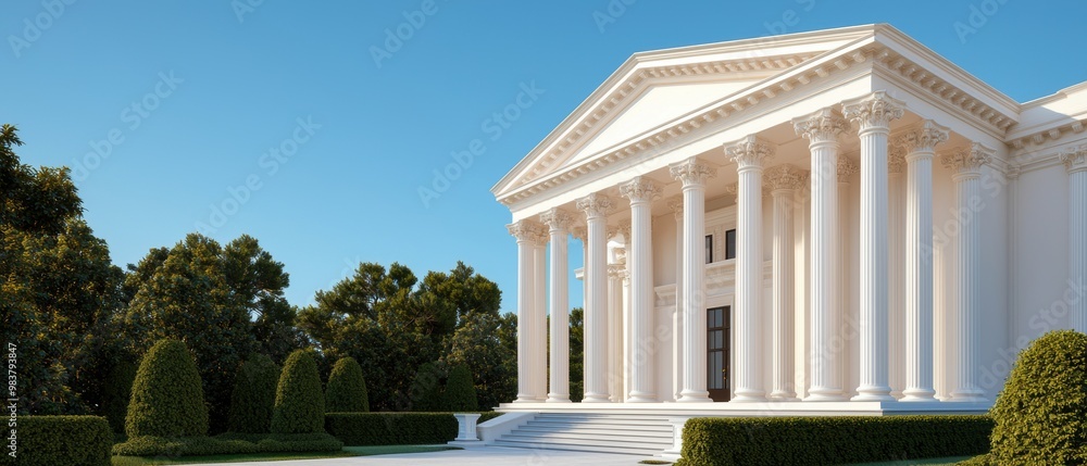 Poster elegant classical architecture with columns and greenery