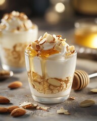 A delicious dessert in a glass featuring yogurt, honey, and almonds.