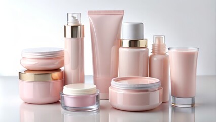 Pastel pink containers filled with skincare essentials are arranged neatly on a clean white canvas, radiating a calming