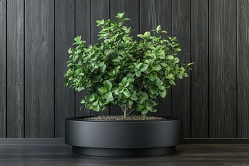 Fototapeta premium Green Plant in a Black Pot Against a Black Wooden Wall
