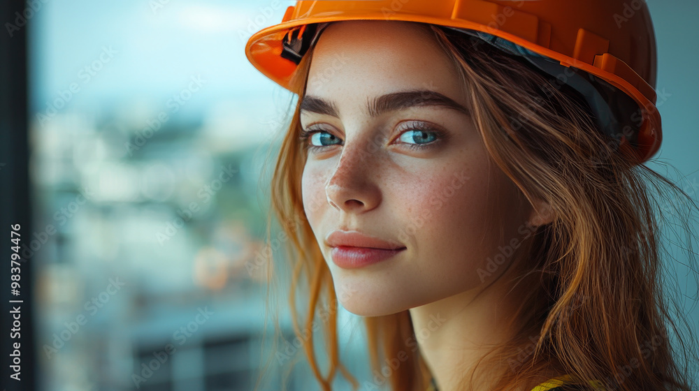 Wall mural Young woman in a hard hat looking out a window