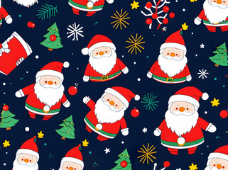 A whimsical, seamless Christmas pattern: a group of adorable Santa Clauses with thick, white beards hold steaming mugs of hot cocoa and stand among tall Christmas trees decorated with colorful ornamen