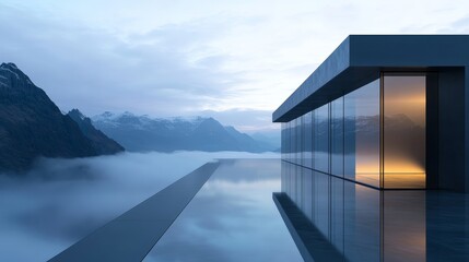 A minimalist cube home with reflective glass walls, supported by geometric black steel beams, offering a stunning view of a foggy mountain range