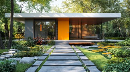 Fototapeta premium A minimalist cube home with sharp lines, featuring a vibrant yellow door, surrounded by natural stone pathways that lead to the entrance, modern aesthetic