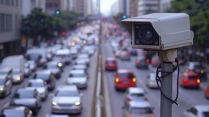 Speed control radar camera keeping track of traffic flow on a crowded Sao Paulo street, highlighting urban transportation in Brazil.