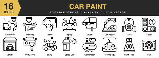 Naklejka premium Car Paint icon set. Editable Stroke Icon Collection. Includes brush, car repair, compressor, mask, paint tube, and More. Outline icons vector collection.