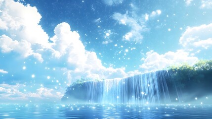 A peaceful minimalist 3D waterfall scene with water cascading into a pool under a clear blue sky filled with white clouds and stars twinkling softly like fireflies