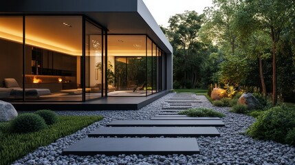 Fototapeta premium A minimalist cube house with large floor-to-ceiling windows, sleek black steel facade, and geometric gravel paths, captured in a sunset glow. Futuristic, 3D rendering, high contrast