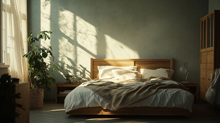 Fototapeta premium Cozy modern bedroom with sunlight streaming through windows and a potted plant in the afternoon