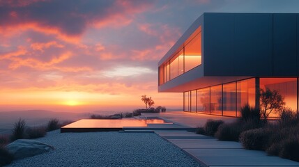 Obraz premium A minimalist cube house with large floor-to-ceiling windows, sleek black steel facade, and geometric gravel paths, captured in a sunset glow. Futuristic, 3D rendering, high contrast