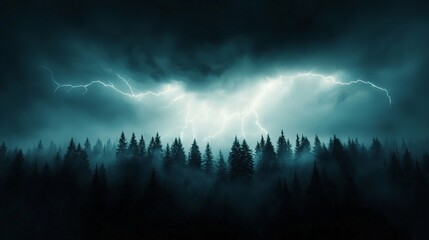 Obraz premium A lightning storm over a dense forest, the trees swaying violently as thunder rumbles through the sky, bolts of lightning piercing the clouds