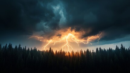 A lightning storm over a dense forest, the trees swaying violently as thunder rumbles through the sky, bolts of lightning piercing the clouds