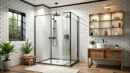 Modern bathroom interior with white subway tiles, black fixtures, and a sleek glass shower enclosure