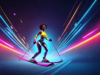 A woman in a neon-colored outfit skis down a slope with vibrant streaks of light in the background.