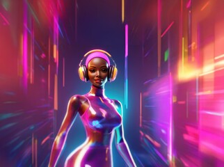 Naklejka premium A woman in a colorful outfit with headphones on stands against a background of neon lights.