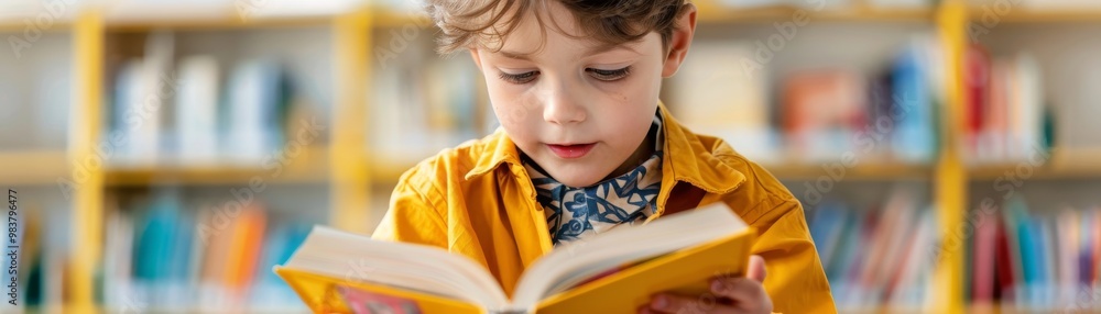 Wall mural little boy reading a book in a library