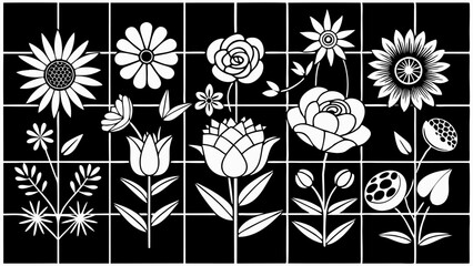 Set of various flower types in grid view, flower bundle for design elements, colorful flower collection for graphic design