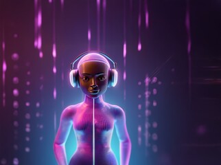 Naklejka premium A wireframe person with headphones, illuminated in neon blue and pink light.