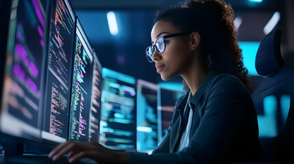 A focused woman analyzes code on multiple screens in a modern tech environment, emphasizing digital innovation and programming skills.